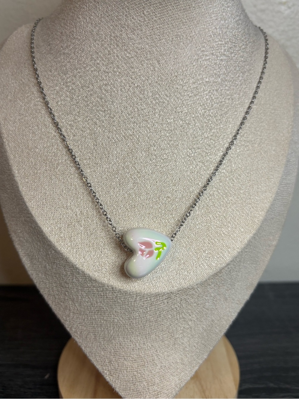 Handmade Silver/White Tulip Heart Necklace | Waterproof & Tarnish Resistant